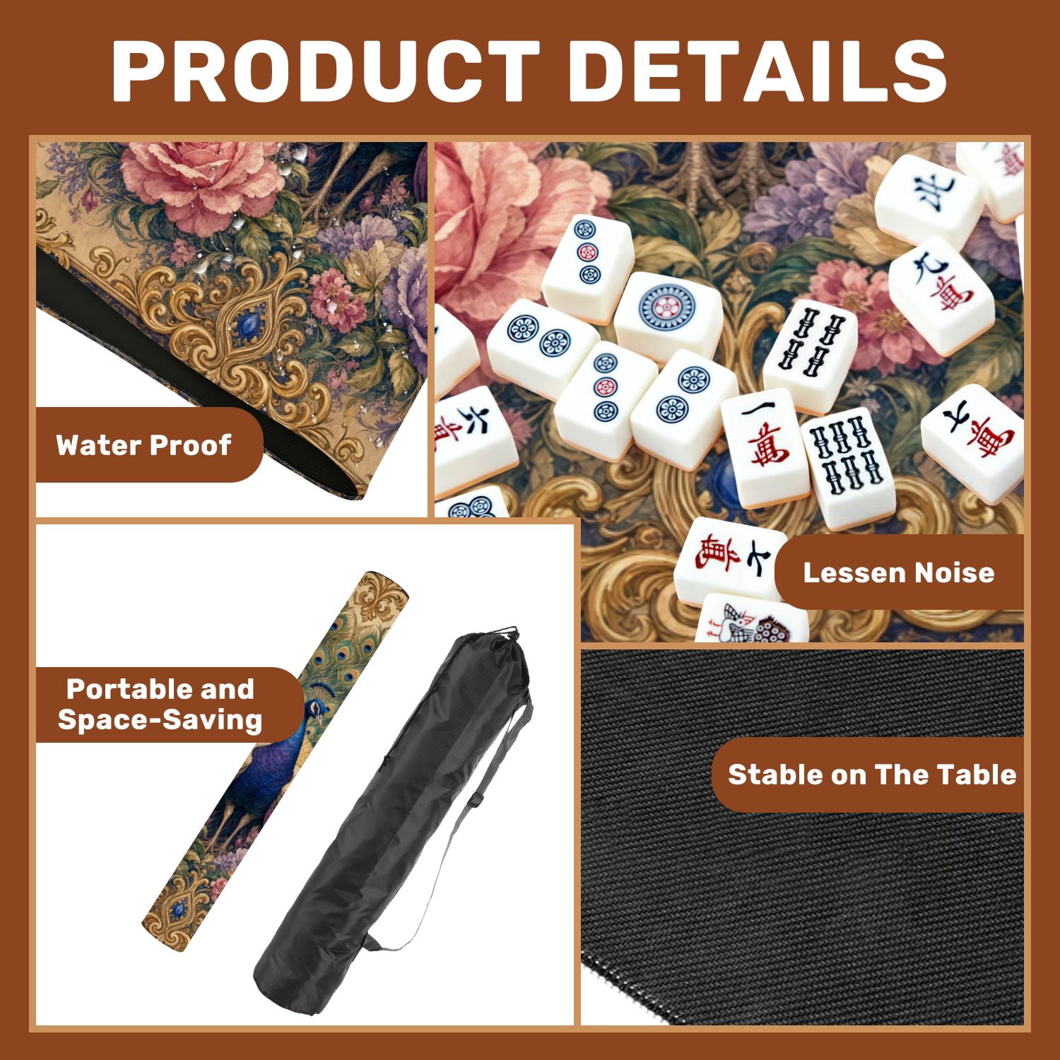 Mahjong Mat 31.5" x 31.5" Elegant Peacock Floral Golden Frame Vintage Style Non-Slip Noise Reduction Mahjong Tiles Table Cover for Dominoes Poker Card Board and Tile Games