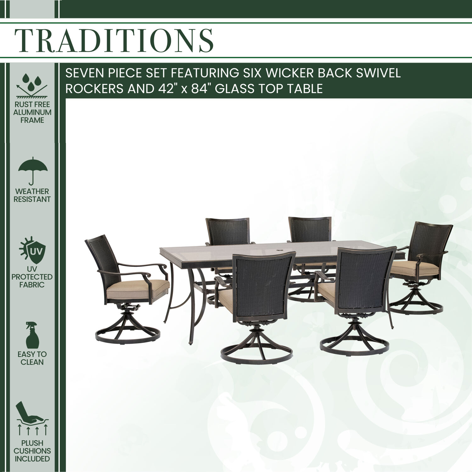 Hanover Traditions 7-Piece Dining Set in Tan with 6 Wicker Back Swivel Rockers and Extra Large 42 in. x 84 in. Glass-Top Table - image 3 of 9