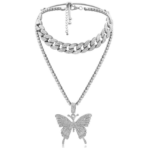 Gargantilla de cristal dorado de Hip Hop, cadena con diamantes de imitación brillantes, collar con colgante de mariposa grande, joyería, accesorio de moda para niñas