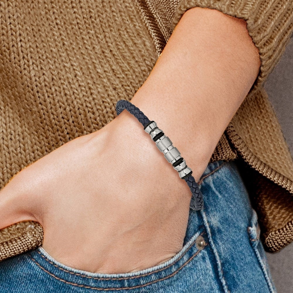 Diamond2Deal Stainless Steel Black IP-Plated with Rubber Blue Braided Leather Adjustable Bracelet for Men 8.5"
