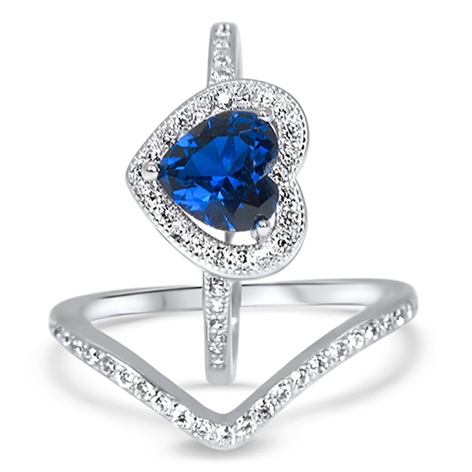 Sapphire Blue CZ Heart Halo Wedding Engagement Ring Set for Women Size 8