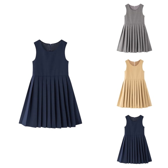 Girls School Style Pinafore Dress – Solid Sleeveless Crew Neck A-Line Pleated Jumper Dress, Elastic Comfortable Casual Daily Wear for Spring Summer (5T-16Y)