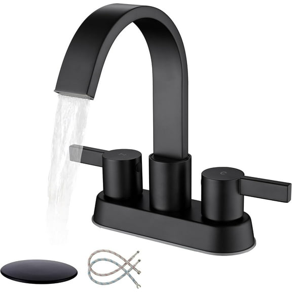 Matte Black Bathroom Faucets for Sink 3 Hole, 4 Inch Centerset Waterfall Faucet Bathroom Sink Faucet with Pop-up Drain and 2 Supply Hose, SUS304 2 Handle Faucet for Bathroom Sink