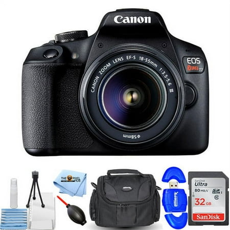 Canon EOS Rebel T7 with EF-S 18-55mm f/3.5-5.6 Lens - Essential Bundle Includes: Sandisk Ultra 32GB SD  Memory Card Reader  Gadget Bag  Blower. Microfiber Cloth and Cleaning Kit