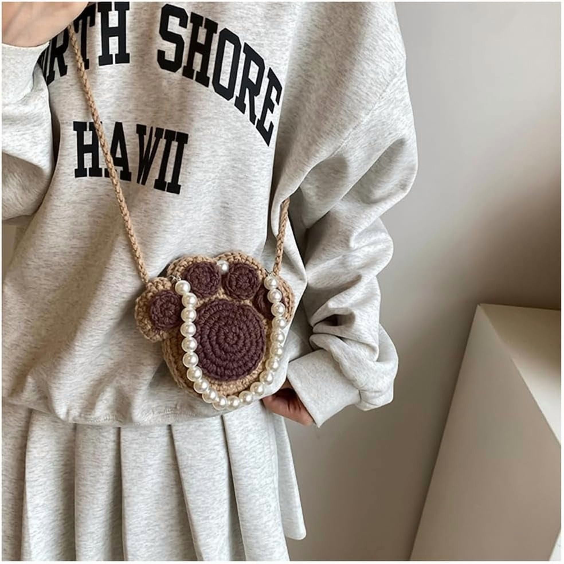 Ladies Crochet Cat's Paw Shape Crossbody Bag with Pearl Chain Cute Handmade Crochet Cat's Paw Handbag Cat's Paw Purse