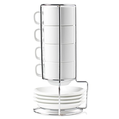 HUJI Tasses à Café en Porcelaine Empilables 4 Onces Espresso Turc avec Soucoupe et Support Chromé (1)