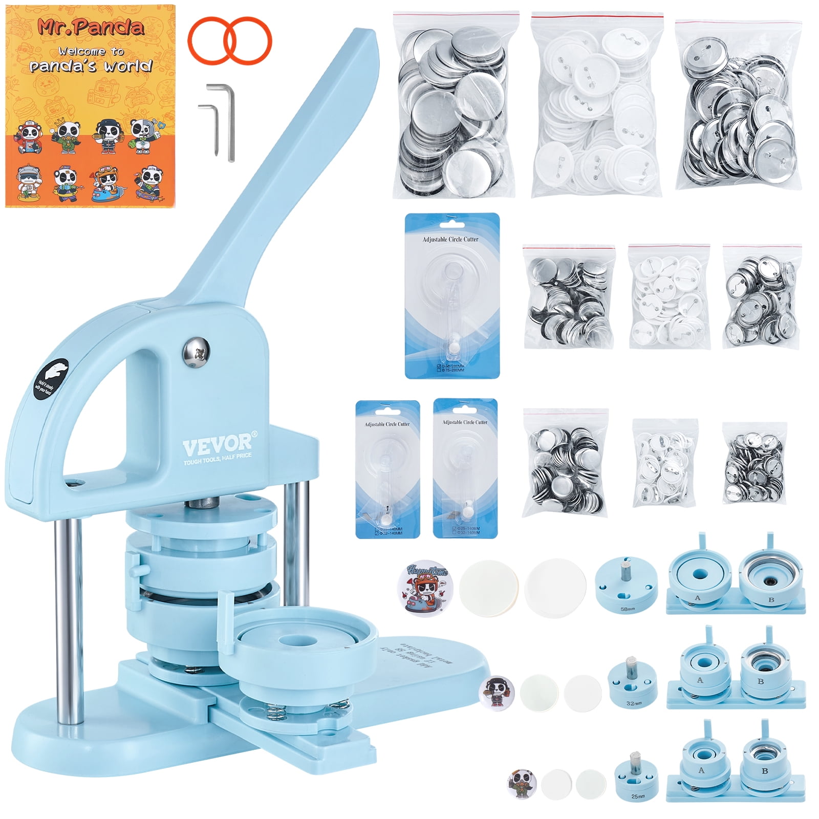 VEVOR 3-IN-1 Button Maker, 1/1.25/2.28 inch(25/32/58mm) Pin Maker, 300pcs Button Parts, Button Maker Machine with Panda Magic Book, Ergonomic Arc Handle Punch Press Kit, For Children DIY Gifts, Blue
