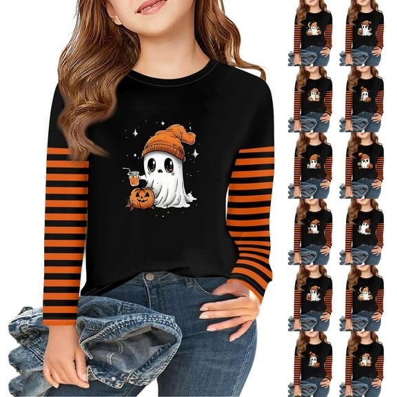 Drmagiyhm Shirts for Girl Size 10-12 Casual Halloween Floral Print Shirt Trendy Cute Holidays Long Sleeve Tshirts Girls Crewneck Tops 7-8 Years Black