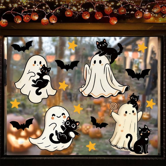 Halloween Indoor Decor, Halloween Window Clings, Halloween Wall, Cute Halloween Decorations, 24X12 Inch Peel and Stick Pvc Static Decals with Friendly Ghosts, Black Cats and Bats,