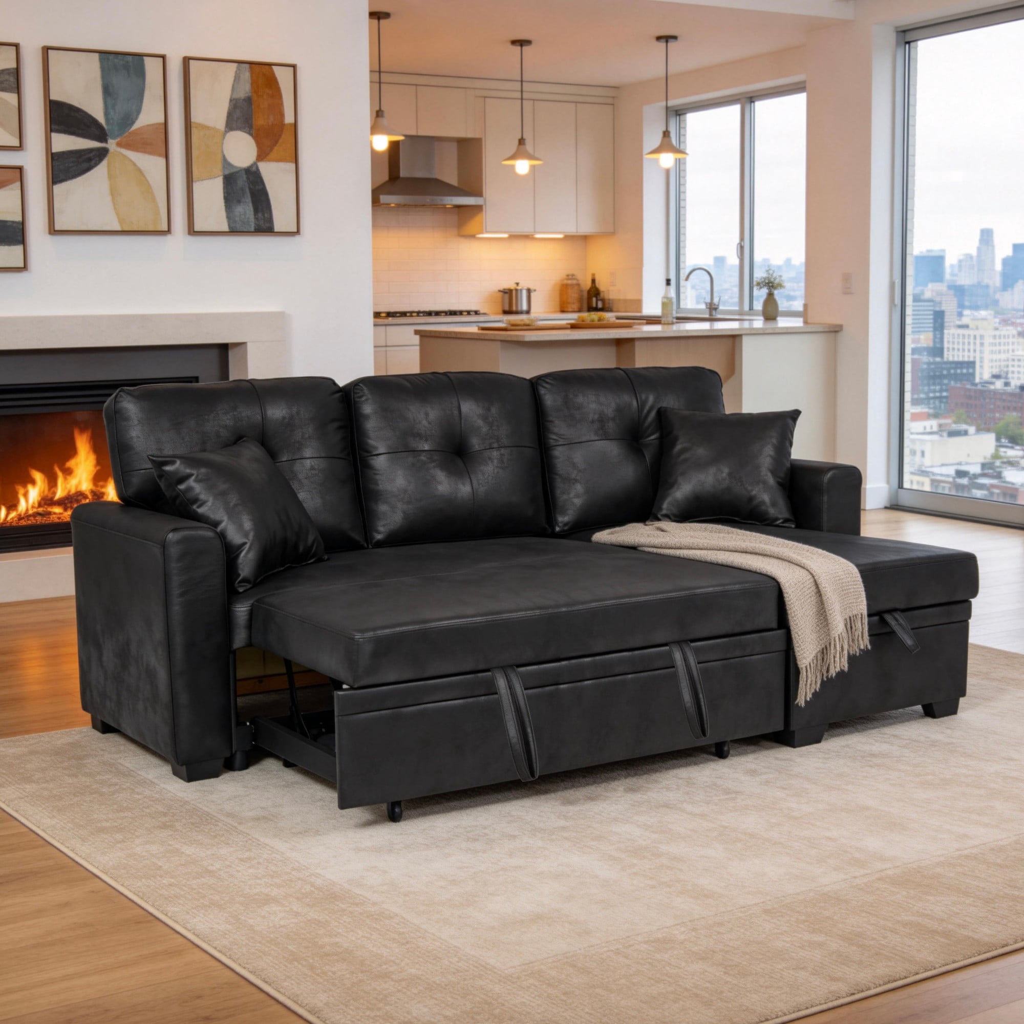 BSHTI 71" Polyester L-Shaped Pull-Out Sleeper Sofa Bed with Reversible Chaise, Hidden Storage for Living Room（Black）