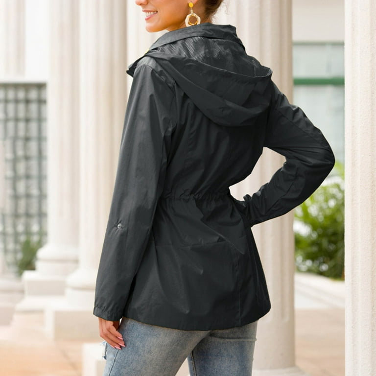 PMUYBHF Womens Jackets Lightweight Trendy Spring Dressy Womens Fashion Solid Color Long Sleeve Rain Jacket With Hood Windbreaker Zip up Drawstring Raincoat With Pockets White Blazer Jackets for Women ...