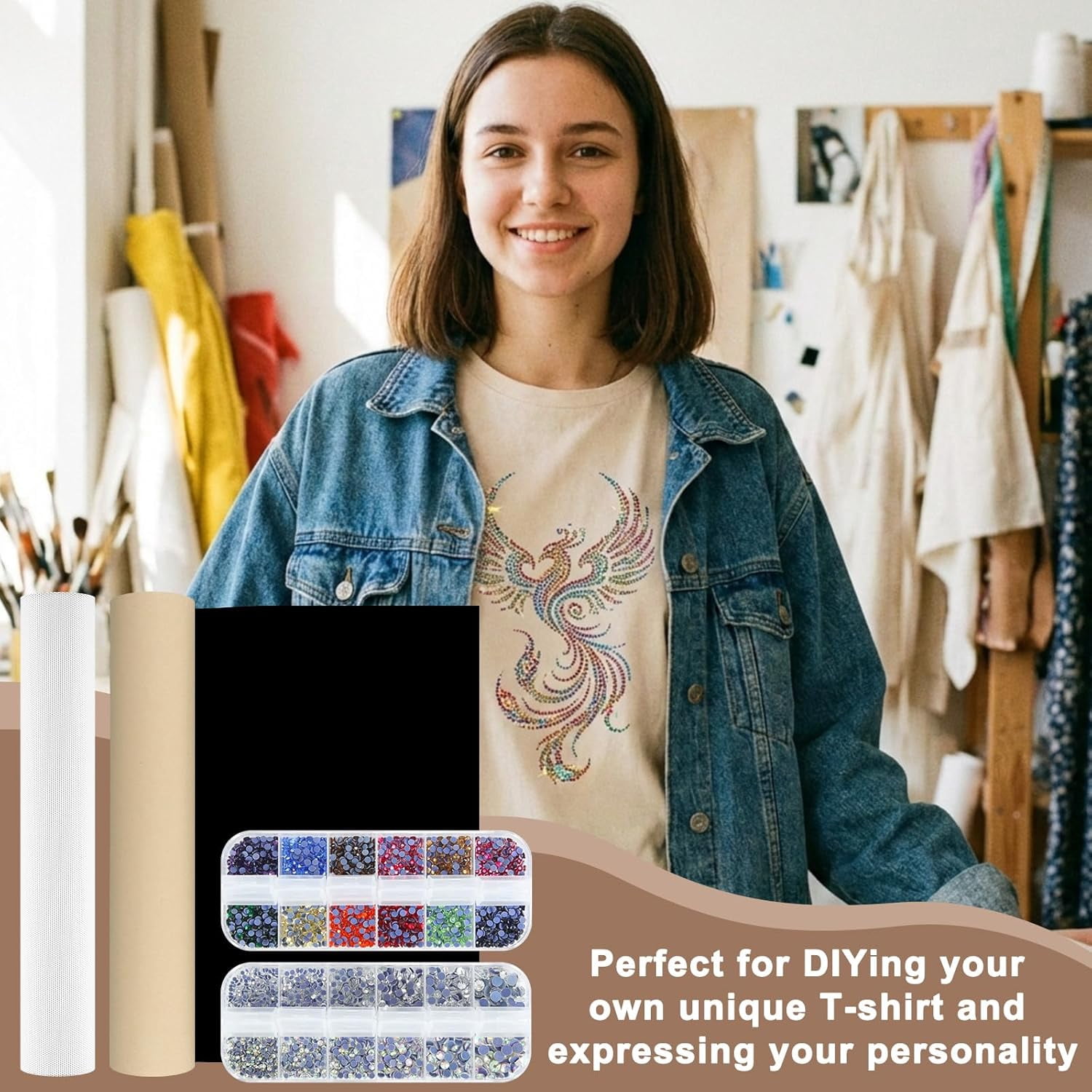 11.8'' x 2 Yard Flock Rhinestone Kit Includes 14 Colors Hotfix Rhinestones Black Self Adhesive Flocking Template Material Flock Squeegee for Heat Transfer Crafts