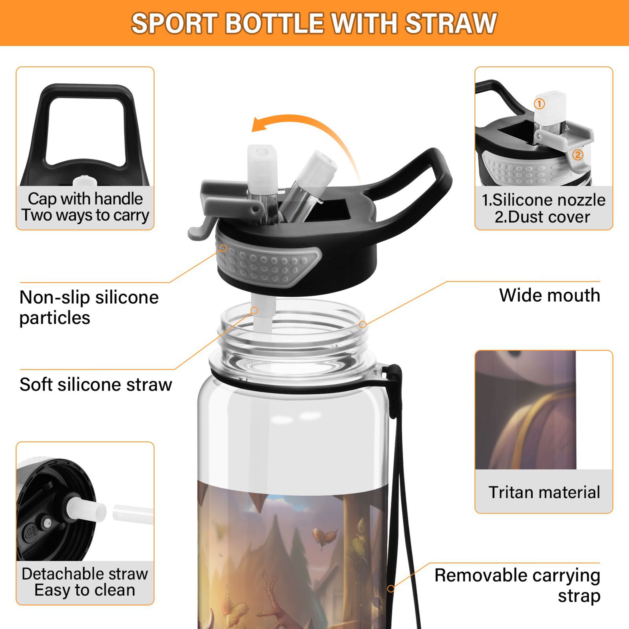 Bird Hat Glasses Dolls Sports Water Bottle Portable Travel Mug 32oz BPA Free Leak Proof Straw Transparent Tritan for Gym Yoga Cycling Camping