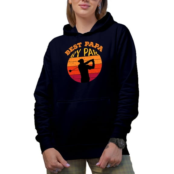 Distressed Best Papa by Par with a Swinging Man Golf Player, Golfing or Golfer Themed Merch Gift, Navy Blue Hooded Sweatshirt or Hoodie, Medium