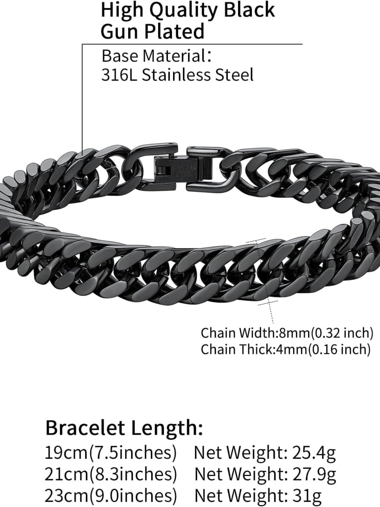 ChainsHouse Black Cuban Link Bracelet for Men Chunky 8mm/12mm/17mm Width Men's Chain Bracelets Stainless Steel Punk Jewelry Gift