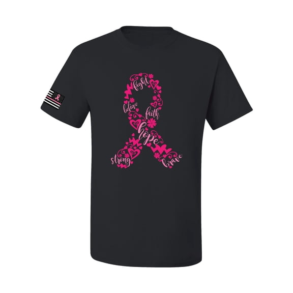 Wild Bobby, Breast Cancer Ribbon Love Hope USA Flag Sleeve Breast Cancer Awareness Unisex Tee, Black, Small
