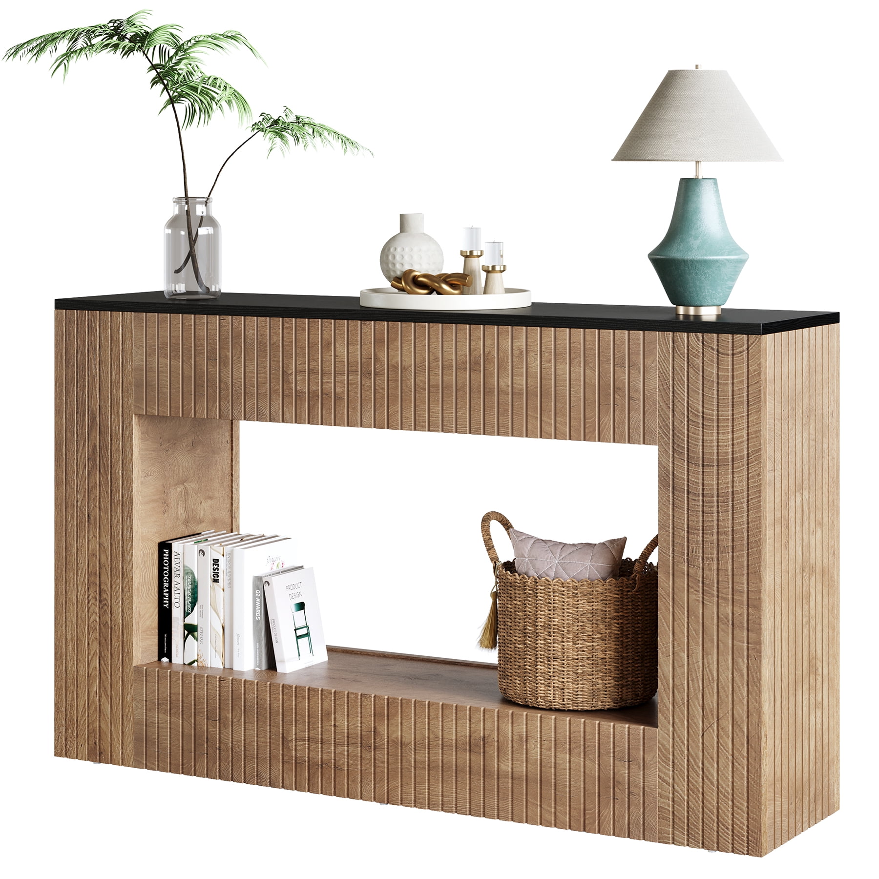 Fnova 55" Modern Console Table with 2-Tier Storage, Farmhouse Wood Entryway Table, Narrow Sofa Table for Living Room, Hallway, Behind Couch