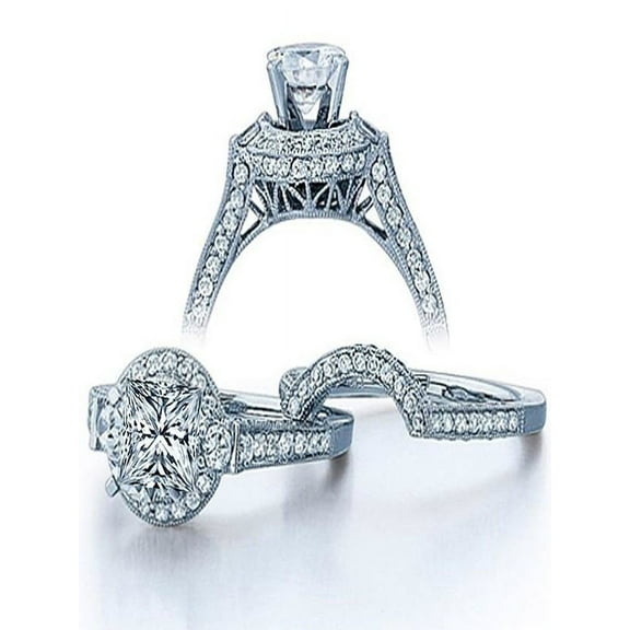 2 Carat Princess cut Diamond Vintage Wedding Ring Set in White Gold