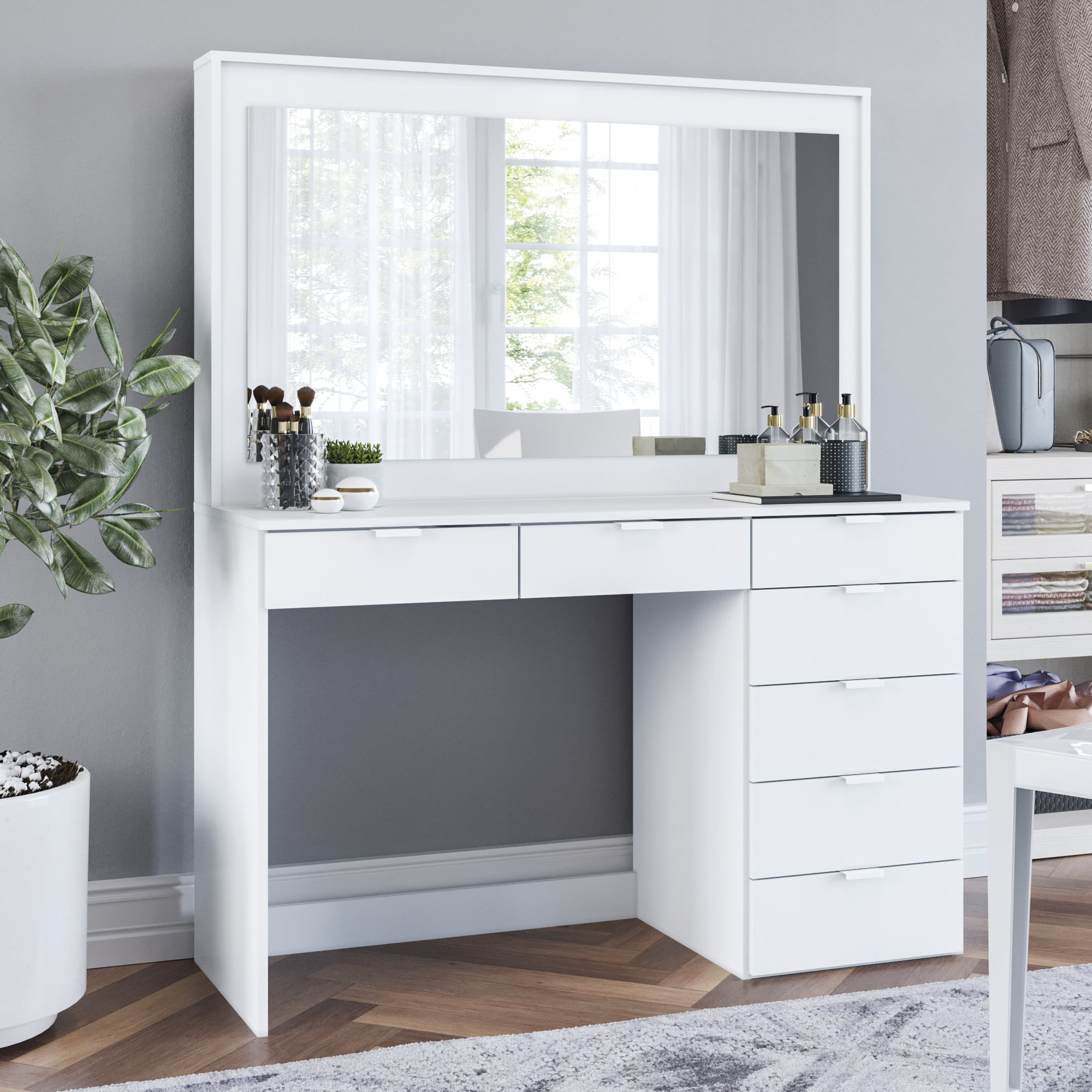 Details about   Boahaus Joan Modern Vanity Table With Mirror And 3 Drawers White Finish 