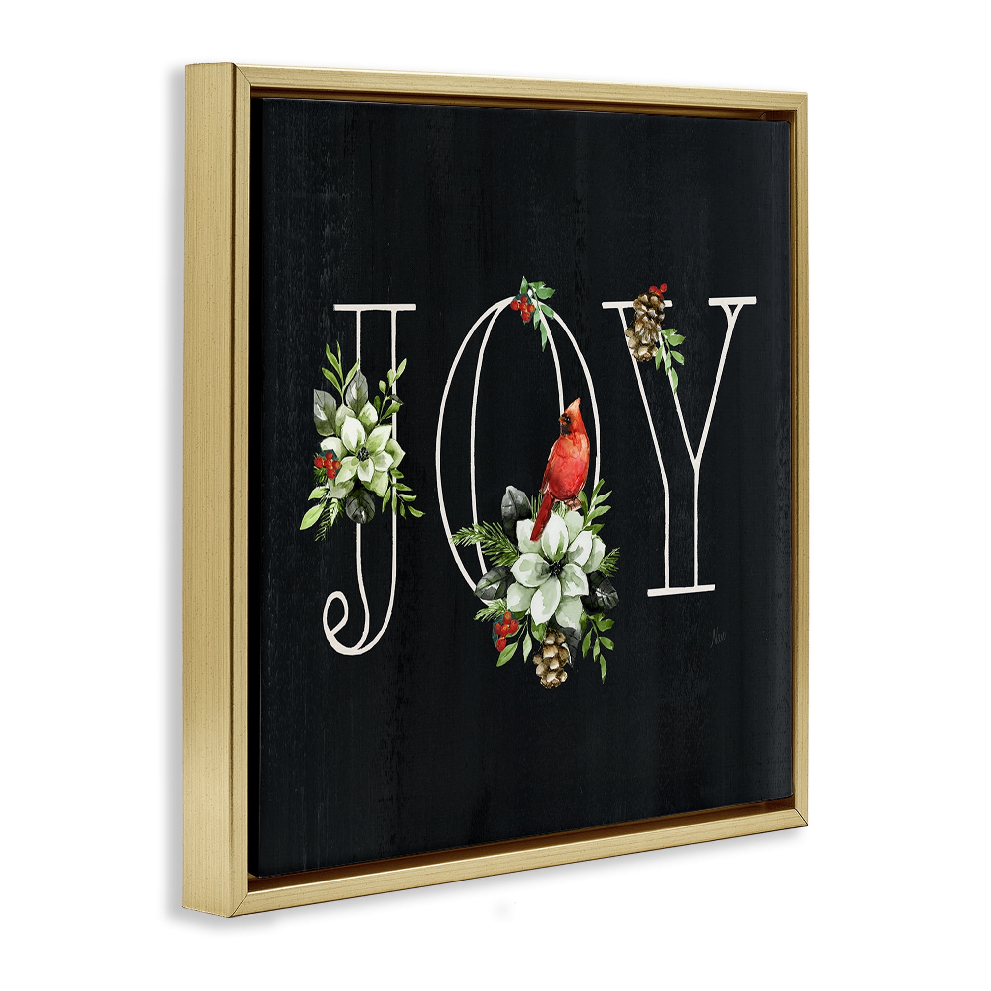 Stupell Industries Joy Letters with Florals Holiday Painting Gold Floater Framed Canvas Art Prints Wall Art, 18 x 18