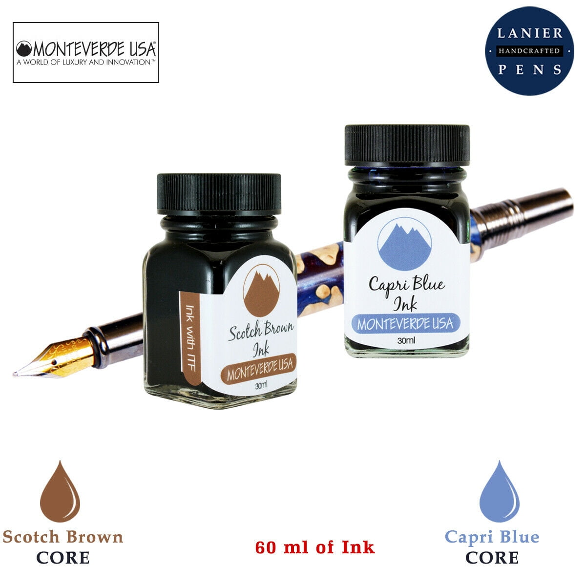 Monteverde 60ml Core Fountain Pen Ink Bottle (30ml Scotch Brown Ink Bottle G309SB, 30ml Capri Blue Ink Bottle G309CB)