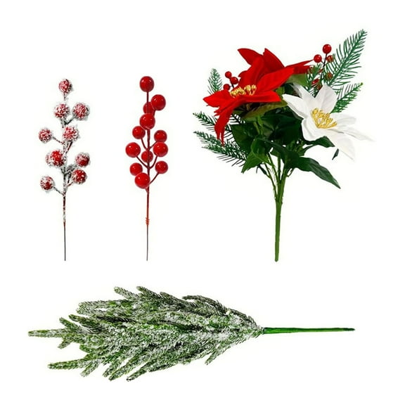 FXMLRLK Set of 16 Piece Artificial Christmas Red Flowers Bouquet Poinsettia Floral Pine Branches Holly Berries Stems Floral Picks Branches for Xmas Tree Decoration Vase Crafts Garland Wreath,Red