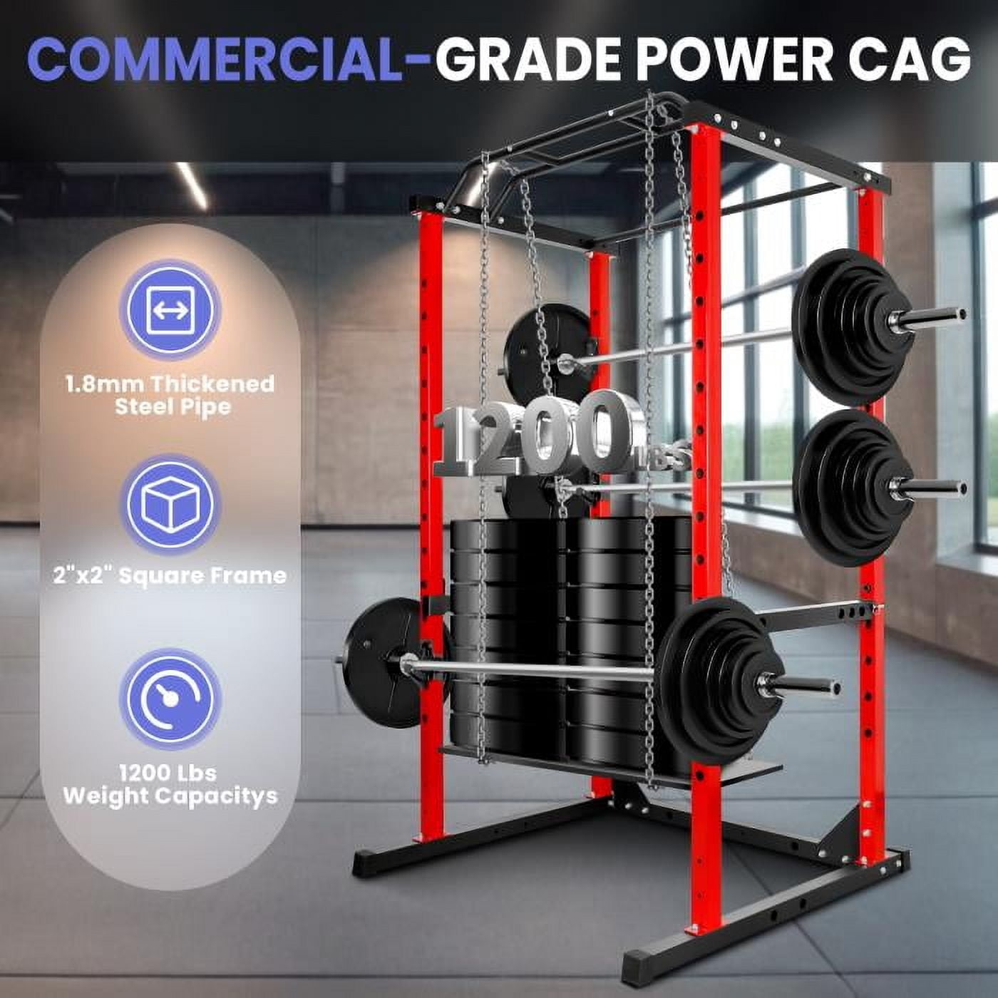 Red Adjustable Power Cage, 1200 LBS Capacity Multi-Functional Squat Rack with 14 Holes, Anti-Slip Base and Training Attachments for Home Fitness Training