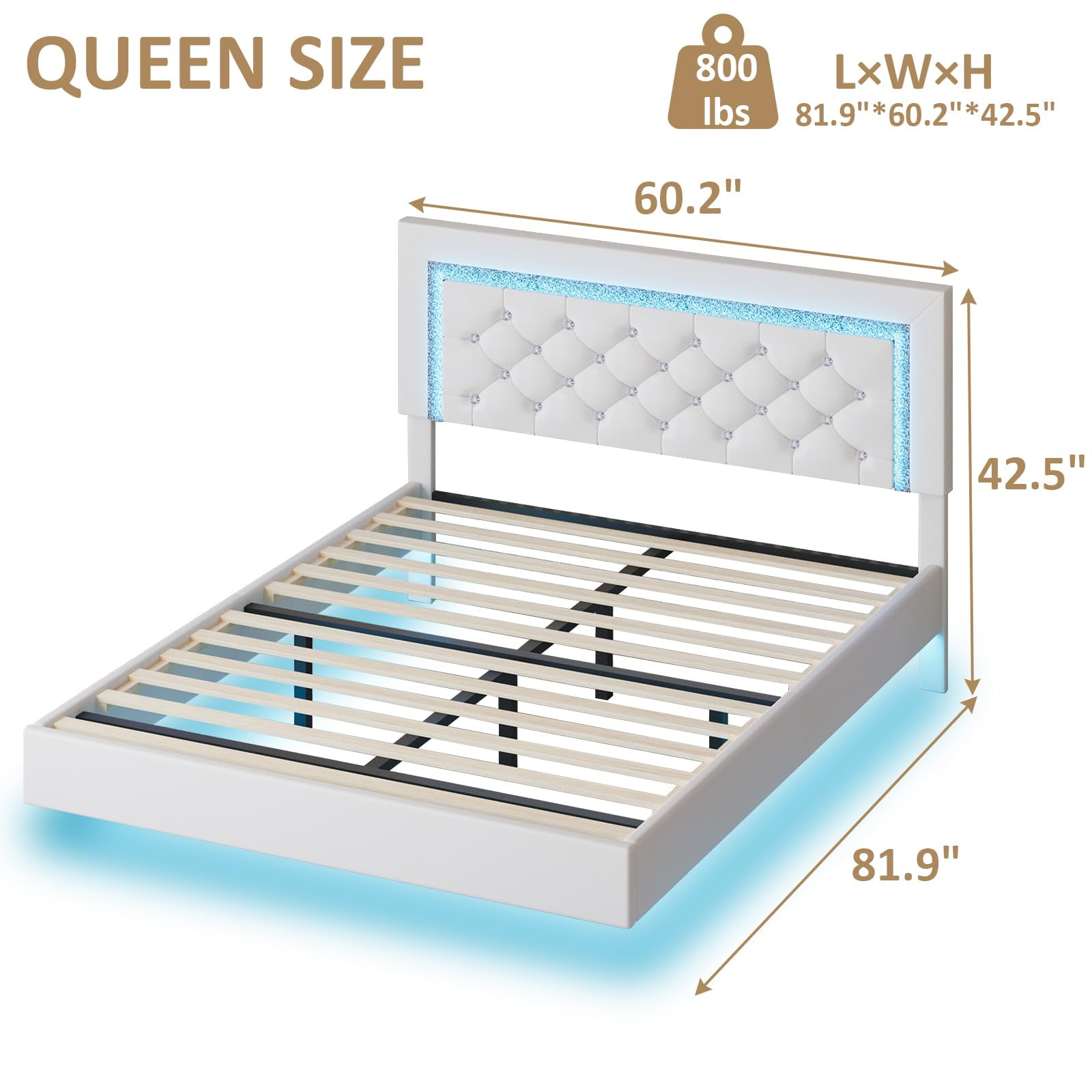 4 EVER WINNER Queen Floating Bed Frame with LED Lights, LED Upholstered Platform Bed Frame with Diamond Tufted Headboard, White LED Bed Frame for Bedroom, White