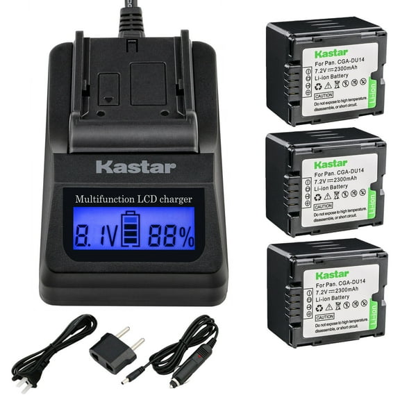 Kastar Charger and CGA-DU14 Battery (3-Pack) Replacement for Panasonic VBD140 VBD210 PV-GS120 GS150 GS180 GS320 GS400 GS500 SDR-H250 H280 VDR-M75 M95 M250, Hitachi DZ-BP21SJ DZ-BP14S DZ-BP7S DZ-BP14SW