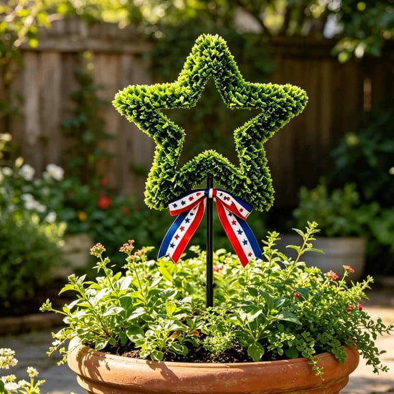 FHLFN717 Artificial Topiary Tree 4th Of July Patriotic Indoor/Outdoor Decor Stacked Star Shaped Faux with Red White Blue Ribbon and Black Planter