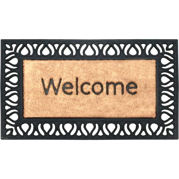 A1HC Rubber and Coir Paisley Border Beautifully Design Welcome Doormat for Outdoor Indoor Entrance Mat 18"X30", Black/Beige