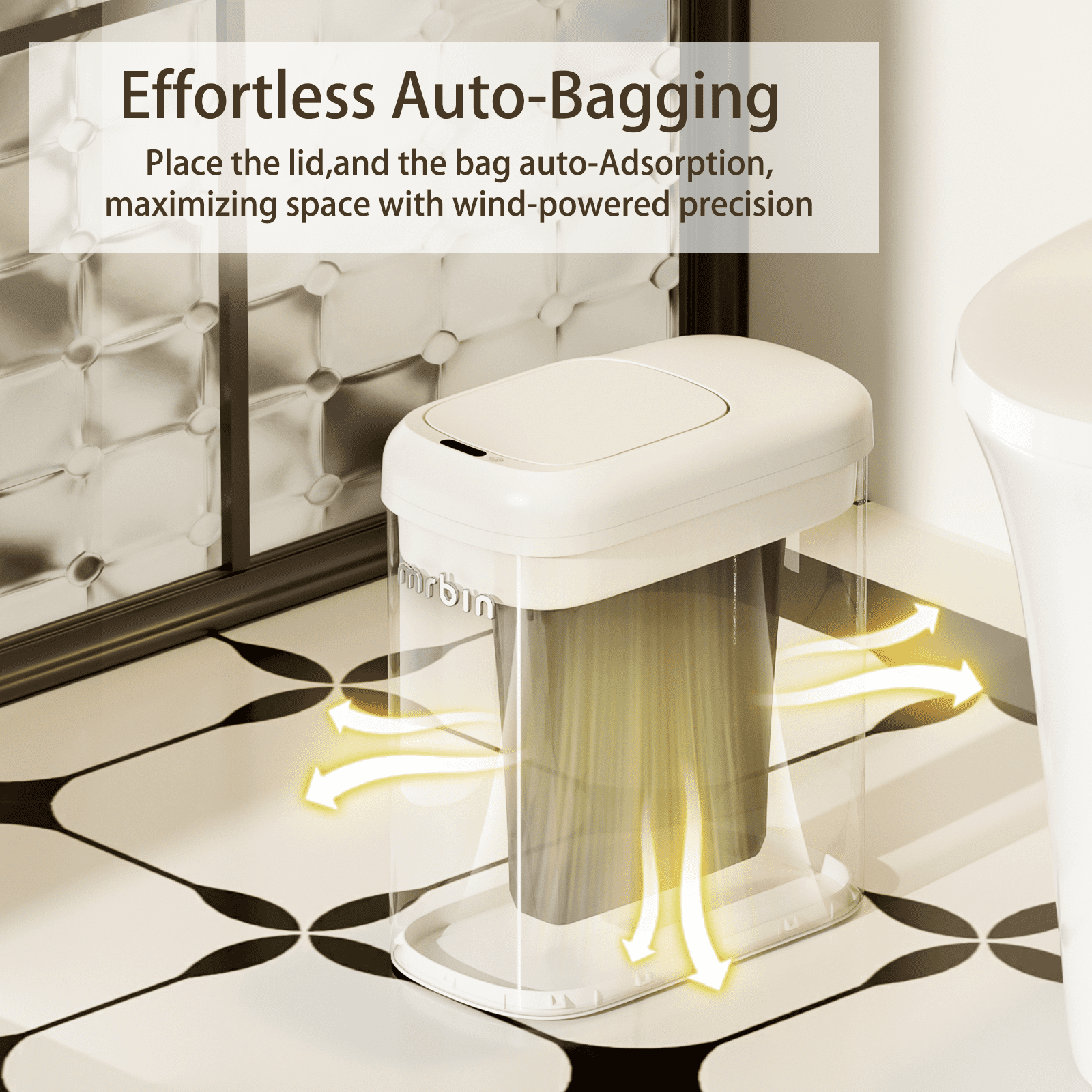Motion Sensor Adsorption Bag Bathroom Metal Trash Can with Lid and Wheels, 10L/2.6gal Automatic Removable Slim Electric Narrow Waste Basket for Near Desk Office, Bedroom, Kitchen, Rv, White