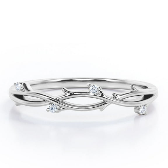 JeenMata Nature Inspired - 0.10 TCW Round Cut Moissanite - Crossover Twig Stackable Ring - 18K White Gold Plating over Silver