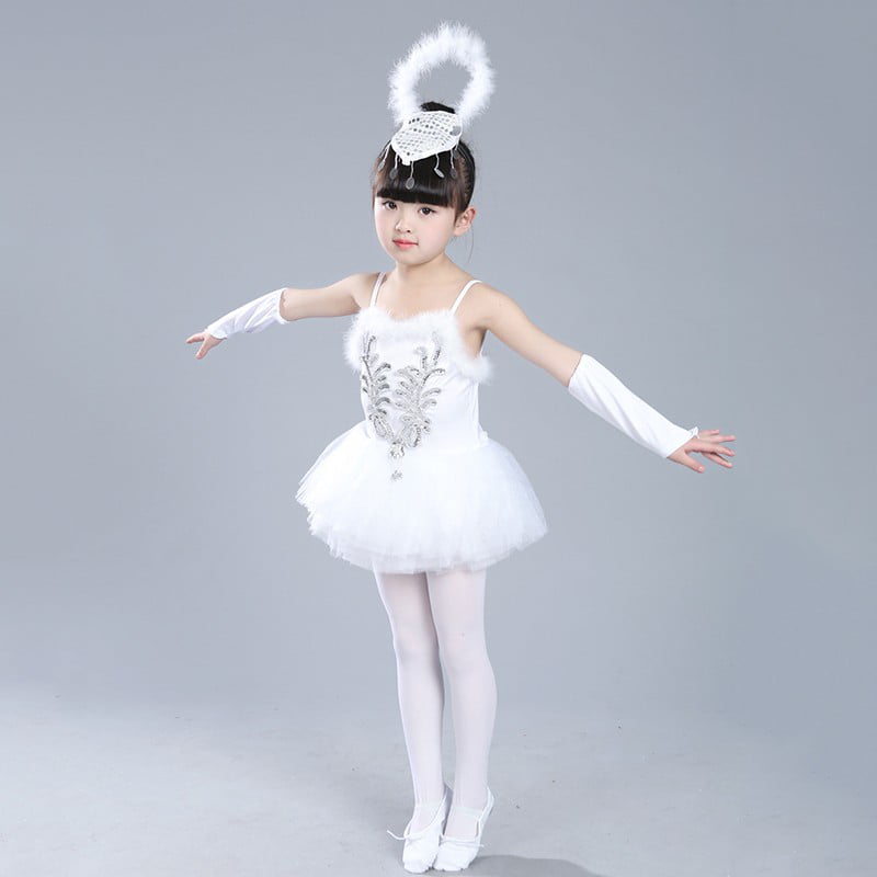 Agoky Girls Ballerina Swan Outfit Sequins Faux Fur Ballet Dance Tutu Dress with Fingerless Gloves and Hair Clip Set