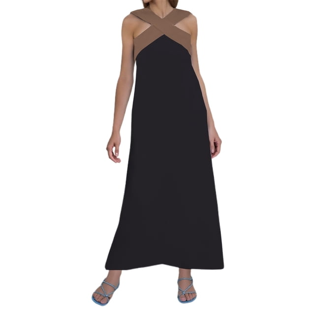 Robes pour Femmes Col Élégant Dos Ouvert Soirée Longueurs Longues Robe Noire TG