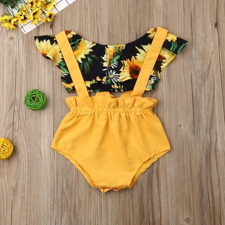 

Raruxxin Infant Baby Girls Pants Set Short Sleeve Layer Printed Short Tops High Waist Triangle Suspender Pants Suit