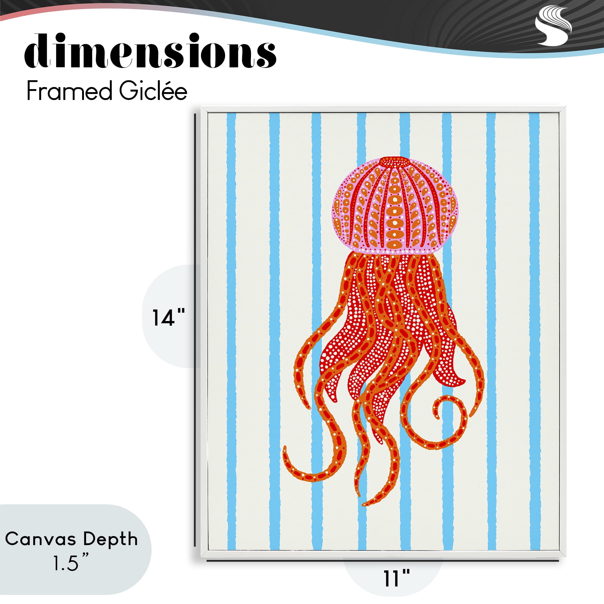 Stupell Industries Bright Aquatic Jellyfish on Stripes White Framed Giclee Art, design by Indira Prieto | IndySign