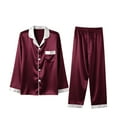 thumbnail image 4 of Ensemble de Pyjama en Satin pour Femmes, Couleur Unie avec Garniture Contrastée, Haut à Manches Longues avec Col Cranté et Pantalon, Détail de Manchette Contrastée Élégant, Vêtement de Nuit à Boutons Violet TTTG, 4 of 8