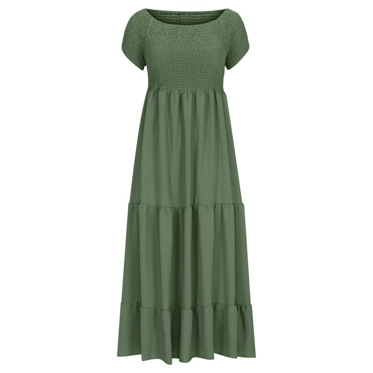 Qelini Summer Wedding Guest Dresses for Women Off-Shoulder Solid Color Flowy Swing Elegant Ruffle Tiered Maxi Dress Beach Fashion Lightweight and