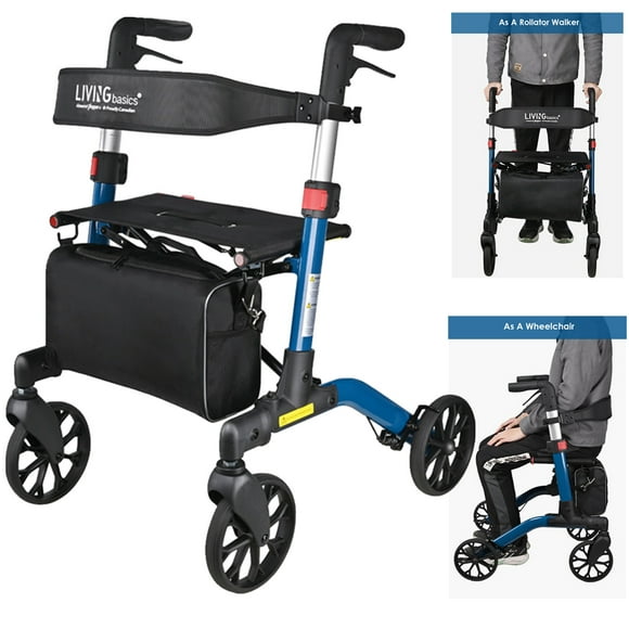 2 in 1 Foldable Rollator with Seat and Handle Brake, Aluminum Alloy Transport Chair Mobility Walker Aid for Seniors Adults