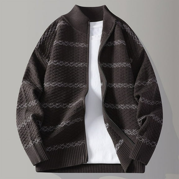 Donemore Men's Casual Knit Cardigan Solid Color Block Striped Stand Collar Zipper Front Hooded Long Sleeve Sweater Jacket with Pockets for Winter Outdoor Daily Wear