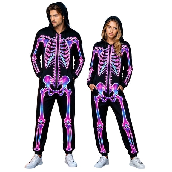 Skeleton Halloween Costume Jumpsuit for Women Men Adults, Unisex Onesie Pajamas Cosplay Party, Cozy One Piece Outfit