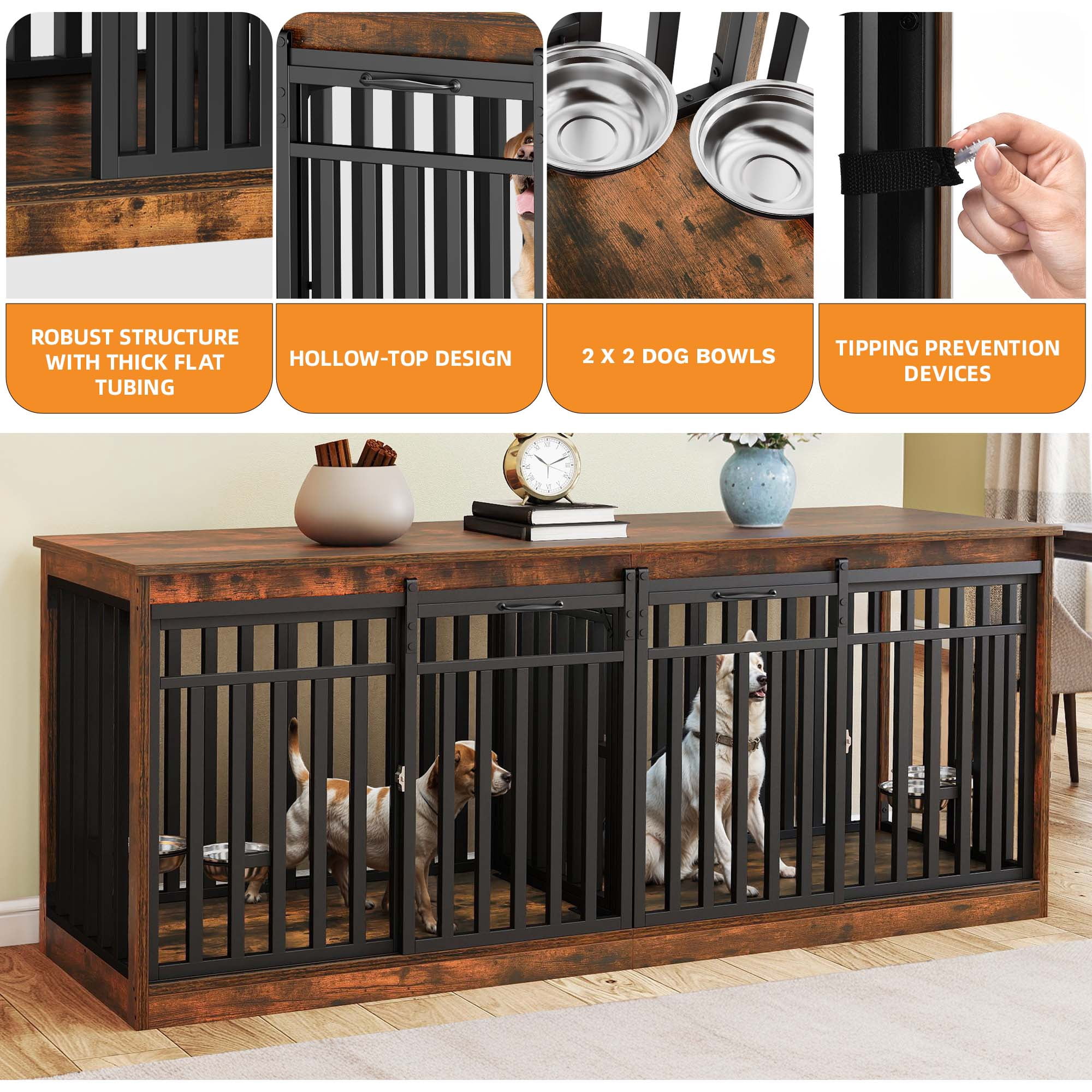 Craftian 71In Farmhouse Dog Crate TV Stand, Wooden Dog Kennel Furniture with 4 Dog Bowls, Large Dog Crate Furniture for 2 Dogs - Rustic Brown