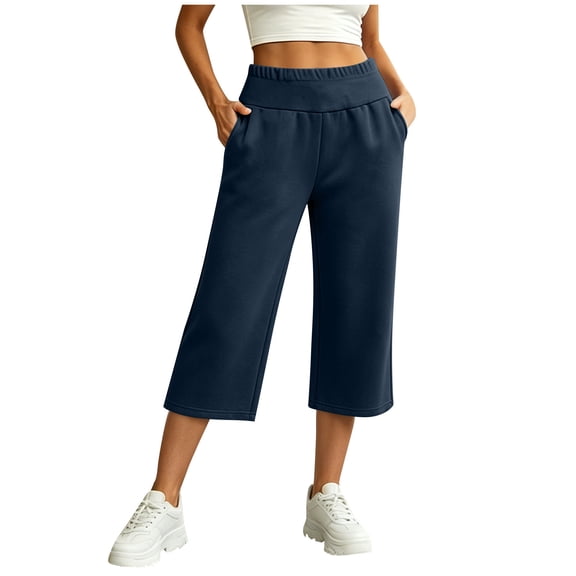 Qingpeng Womens Elastic High Waisted Pants Cropped Wide Leg Sweatpants Soft Fleece Knit Capri Palazzo Bottoms