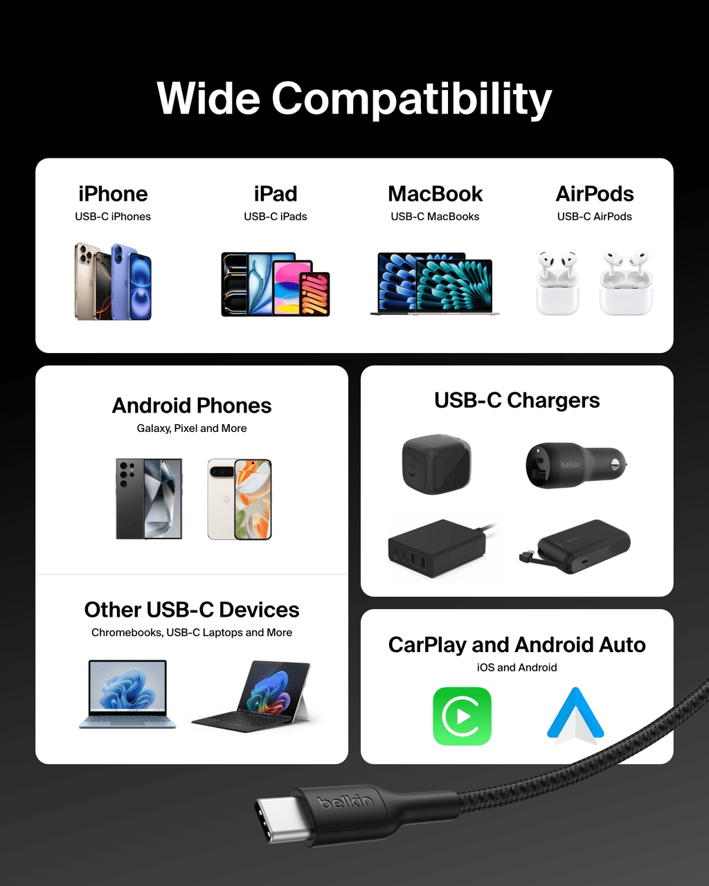 Belkin BoostCharge USB-C to USB-C Cable 240W 2.0 6.6ft/2M Braided Fast Charging Cable USB-C Power Cable Laptop & Phone Charger Black