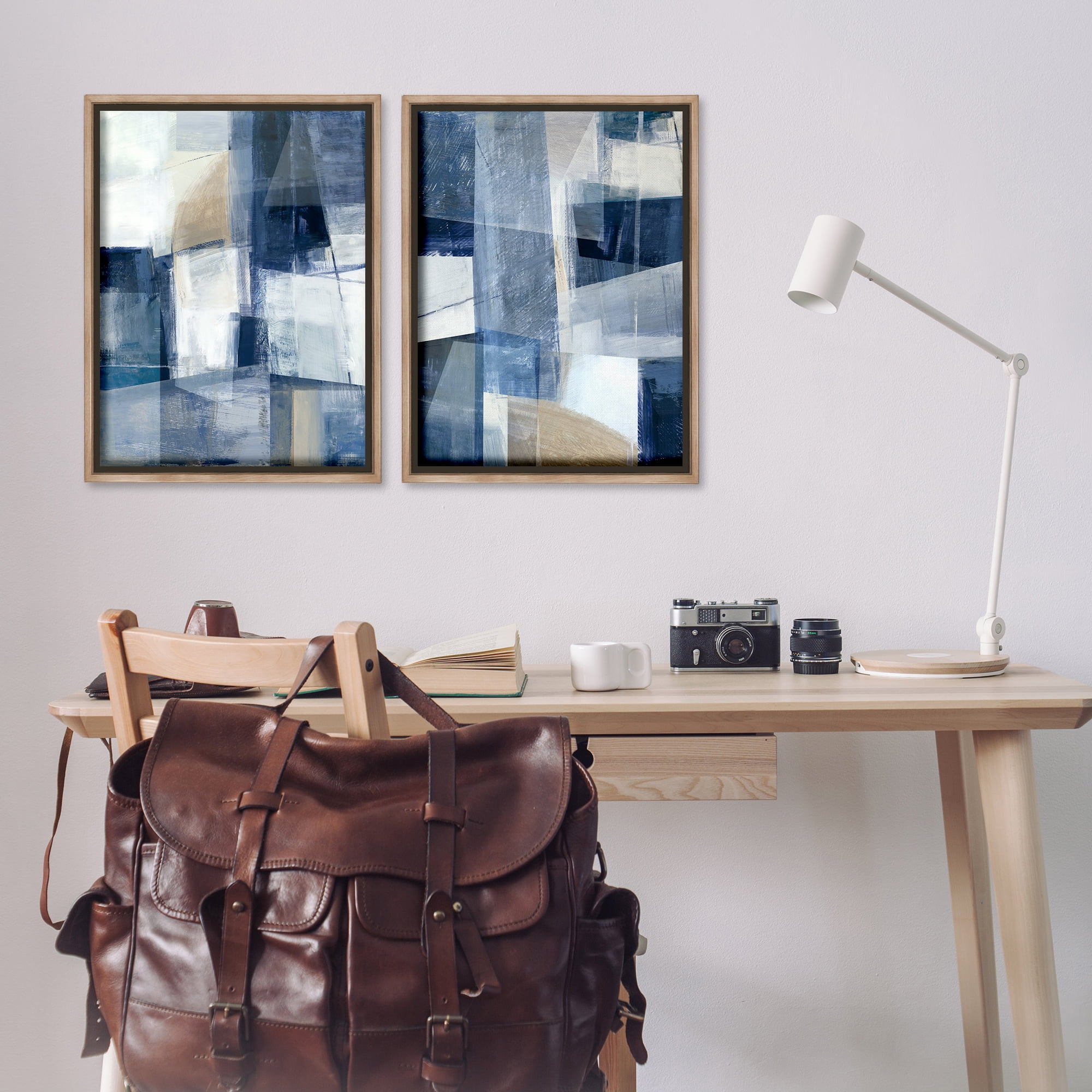 Stupell Industries Blue & Neutral Geometrics Abstract Painting Brown Floater Framed Canvas Art Print Wall Art, 21 x 31, Set of 2
