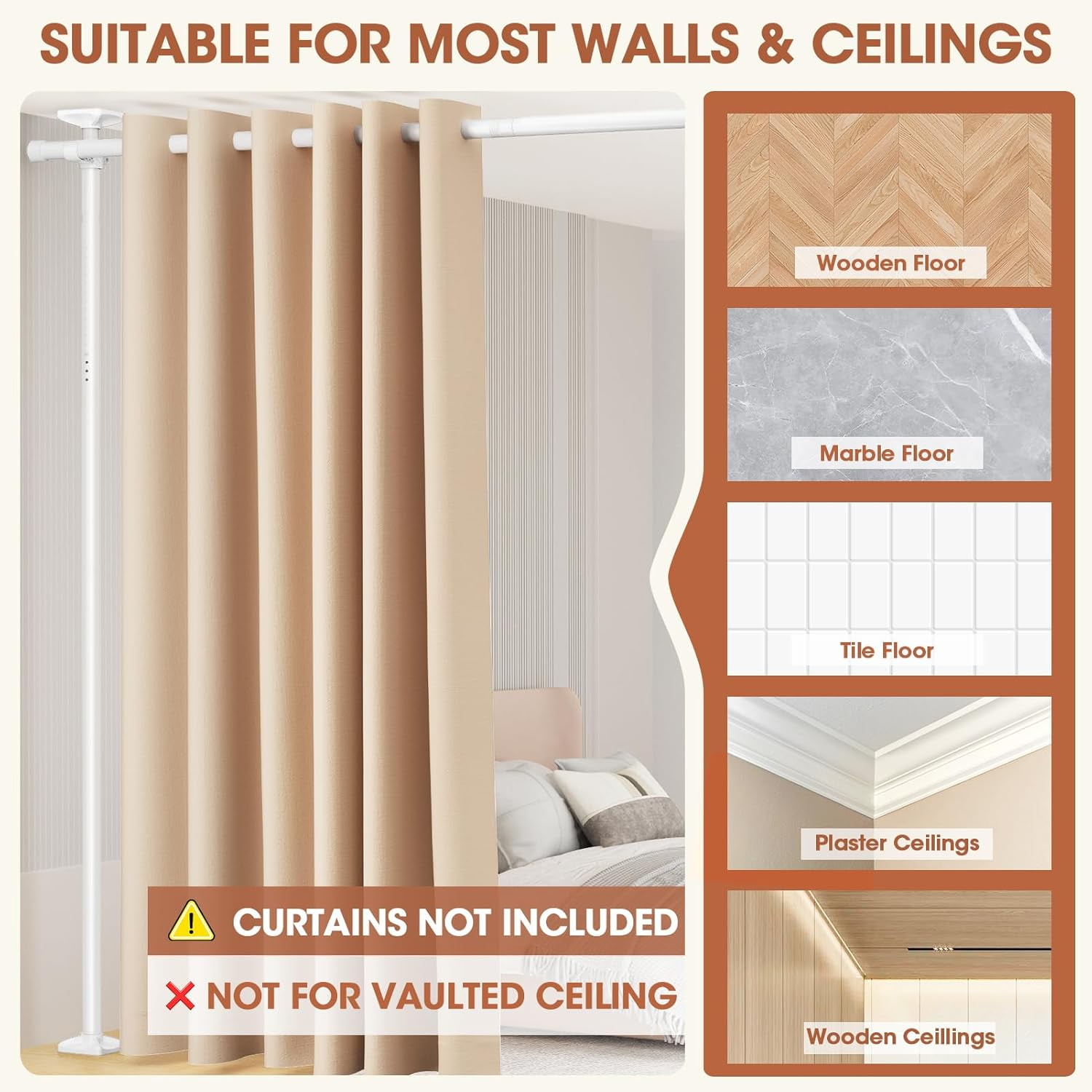 Room Divider No Drilling Curtain Rod Wall Divider for Room Separation, 4-10ft(H) 28-114inch(W) Adjustable, Heavy Duty Partition Space Separator Freestanding Tension Curtain Stand, White