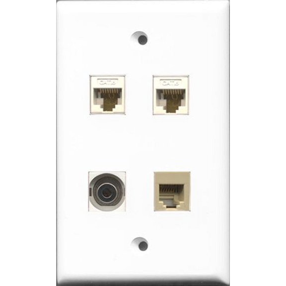 RiteAV 1 Port Phone RJ11 RJ12 Beige and 1 Port 3.5mm 2 Port Cat6 Ethernet White Wall Plate