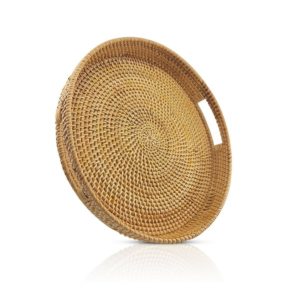 Kabuer Round Rattan Serving Tray, Decorative Woven Ottoman Tray with Handles for Coffee Table, 11.8 x 2.4 inch