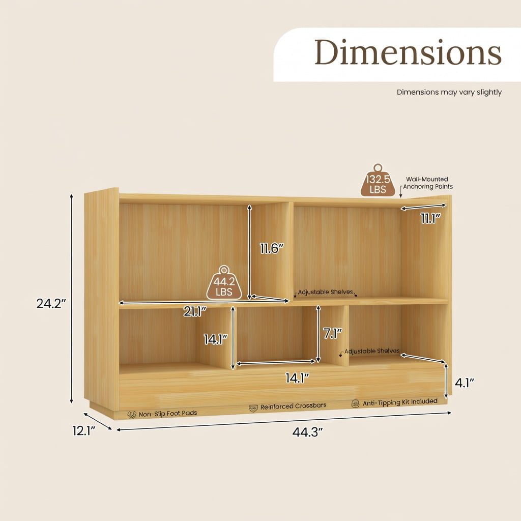 Barara King Kids Storage Unit Bookshelf,Toy Storage Organizer,Kids 2-Shelf Bookcase 5-Cube Wood Toy Storage Cabinet Organizer-Beige